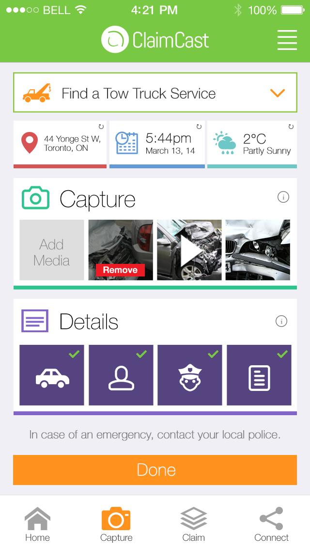 ClaimCast mobile app showing incident location, photo and video capture, and vehicle, driver, police, and claim details