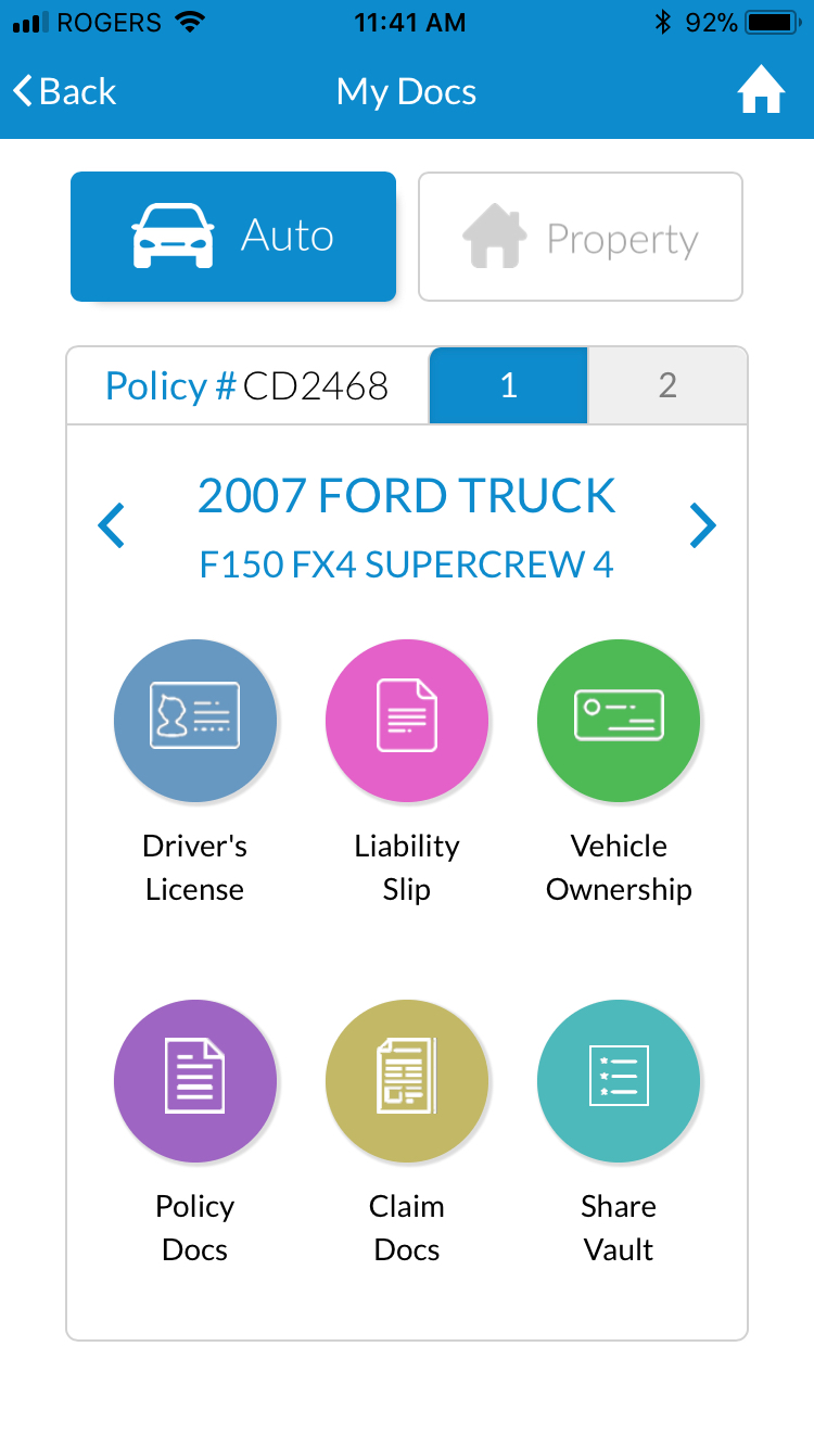 ClientDesk app with digital access to license, liability slip, vehicle ownership, policy and claim documents