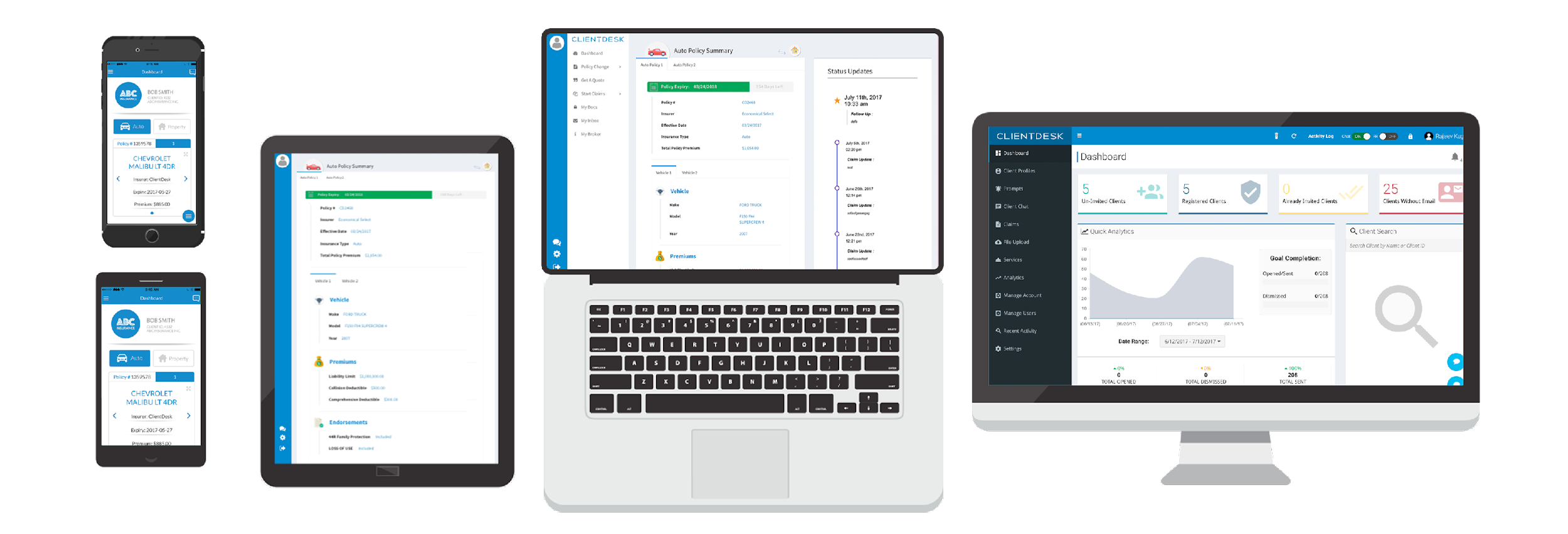ClientDesk platform across mobile, tablet, policyholder web portal, and broker dashboard