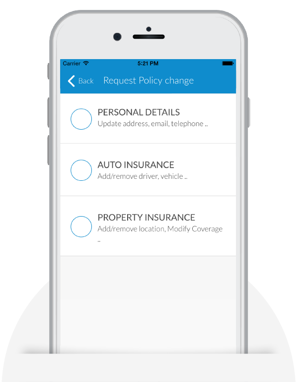 ClientDesk app for requesting changes to personal details, auto insurance, and property insurance