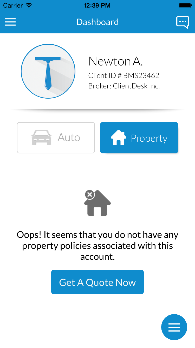 ClientDesk app with an in-app quote request for property insurance