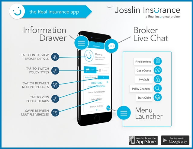 Josslin Insurance’s Real Insurance app showing policy details, broker live chat, quotes, and claims