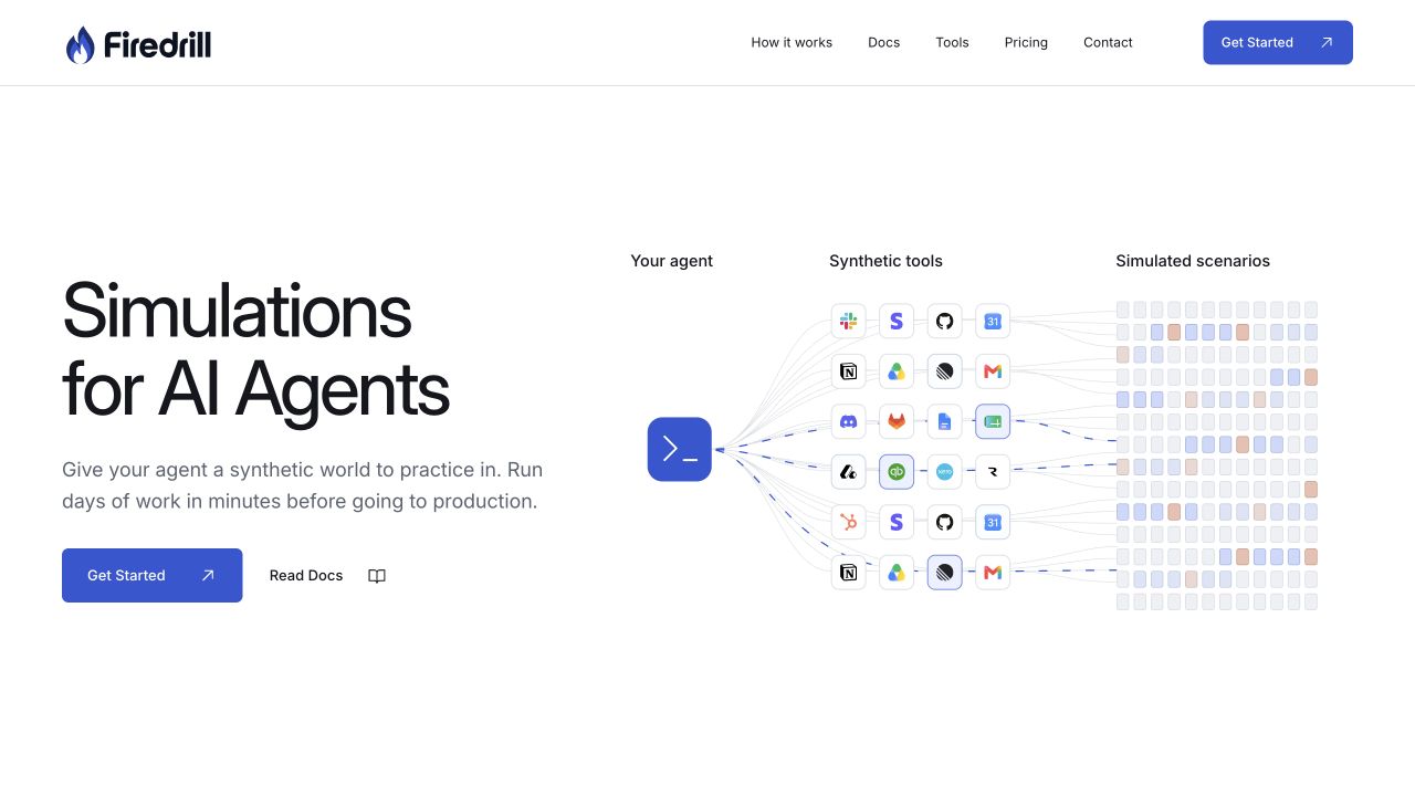 Firedrill’s agent simulation environment, connecting agents to synthetic tools and scenarios
